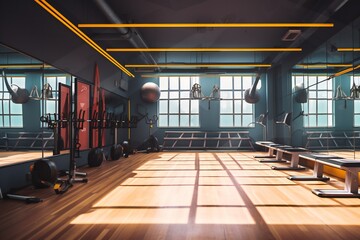 Empty sports gym with sports equipment. Within gym with modern fitness equipment. Sports equipment - obrazy, fototapety, plakaty
