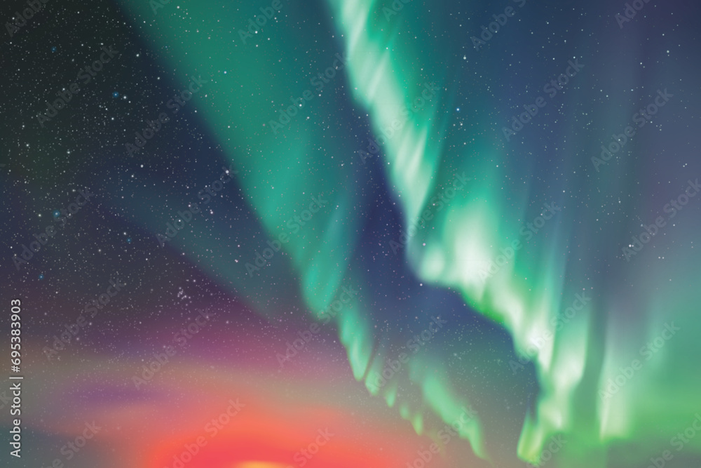 Poster red green aurora borealis. colorful polar lights, night starry sky