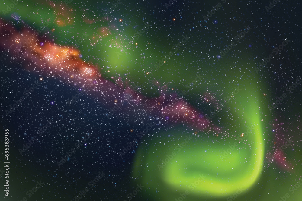 Poster milky way and northern lights. night starry sky. green aurora borealis