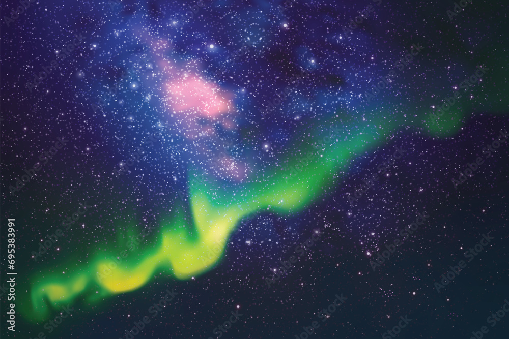 Poster night starry sky. milky way and northern lights. green aurora borealis.