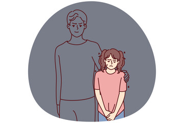 Unhappy little girl standing near man figure ghost feeling mad and furious. Sad small child cry suffer from domestic violence. Vector illustration.