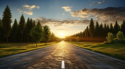 sunset in the mountains, Empty asphalt road and green woods at sunset