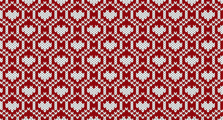 White heart in red hexagon knitted pattern, Festive Sweater Design. Seamless Knitted Pattern