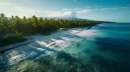 Aerial panoramic view of beautiful tropical beach with palm trees