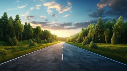 sunset in the mountains, Empty asphalt road and green woods at sunset - obrazy, fototapety, plakaty