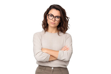 Young brunette woman with glasses looking at camera serious with arms crossed isolated on cut out PNG  transparent background
