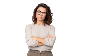 Young brunette woman with glasses looking at camera serious with arms crossed isolated on cut out PNG  transparent background