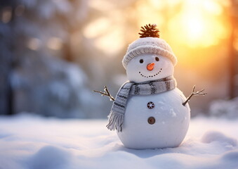 Obraz premium Snowman in the Snow with a Scarf and Hat