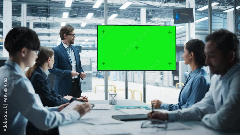 Aufkleber electronics factory office meeting: caucasian male project manager presenting innovative high-tech d