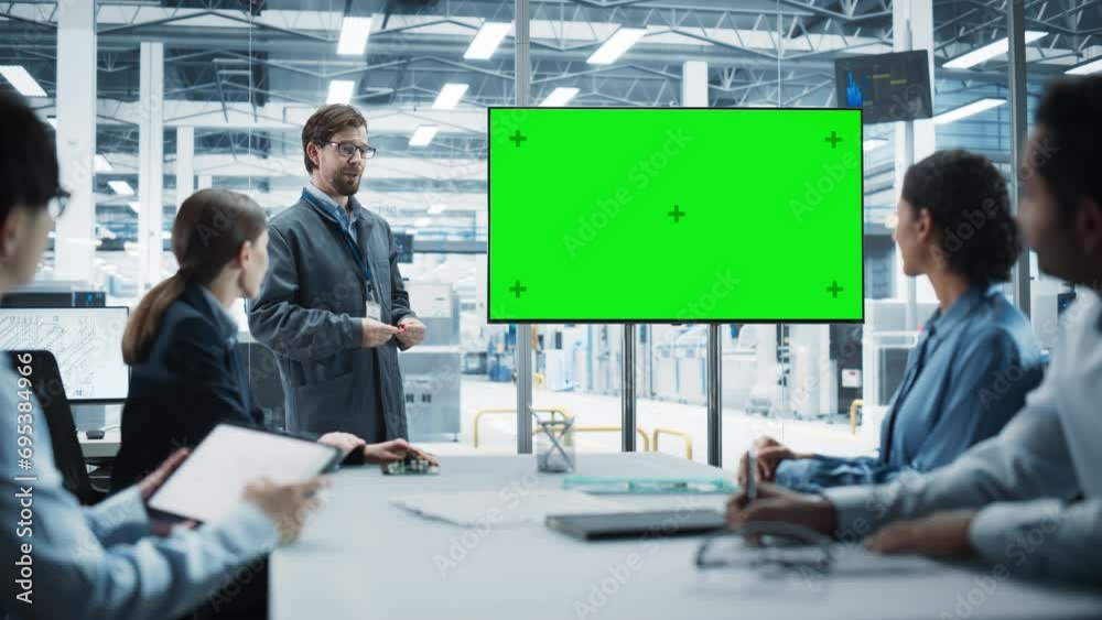 Aufkleber electronics factory office meeting: caucasian engineer giving presentation on tv with green screen c