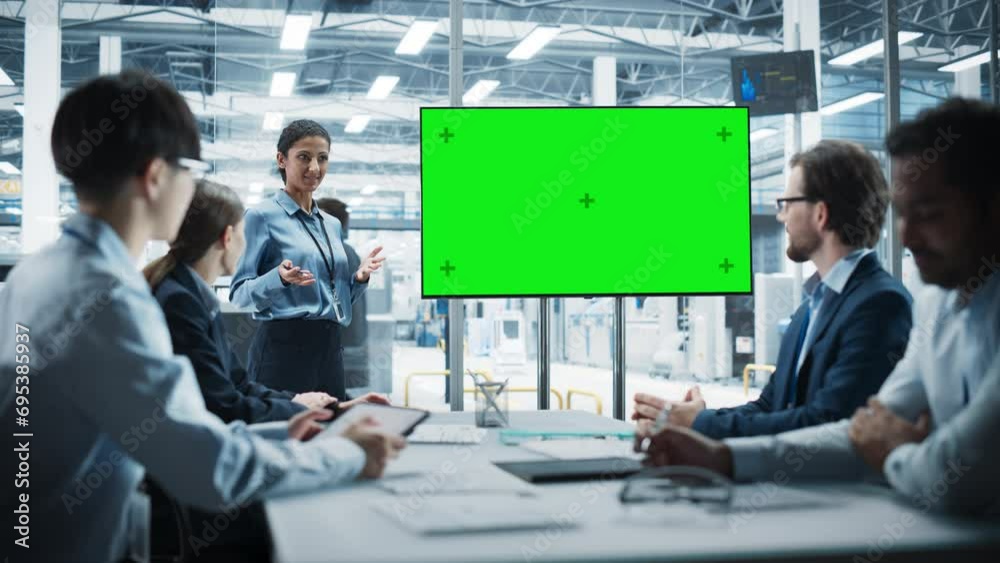 Aufkleber electronics factory office meeting: hispanic female project manager presenting innovative high-tech 