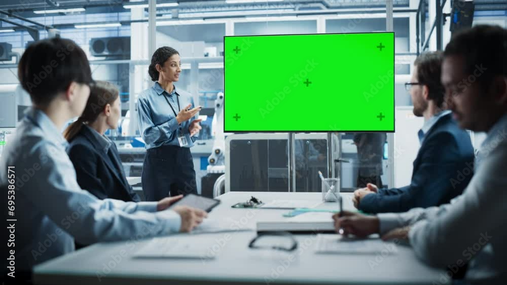 Leinwandbilder autonomous electronics factory with robotic arms: hispanic female team lead presenting new project t