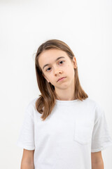 Tired teenage girl isolated on white background.