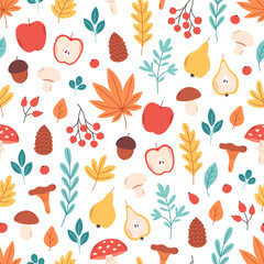 Seamless pattern with autumn leaves, plants, mushrooms, fruits. Fall season, hello autumn. Vector illustration in flat style