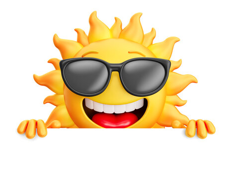 Smiling sun holding sign isolated on transparent background in 3d render cartoon