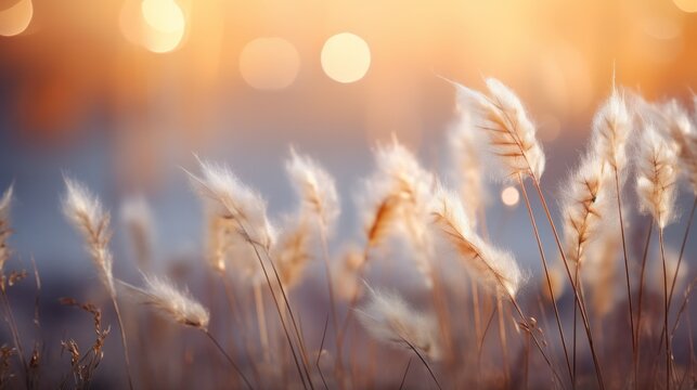 A close up of a field with some grass and sun, AI