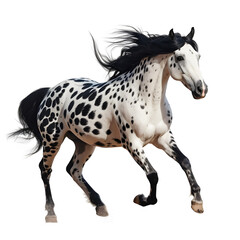 A black and white spotted horse running with a white background