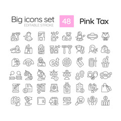 2D editable black big thin line icons set representing pink tax, isolated simple vector, linear illustration.