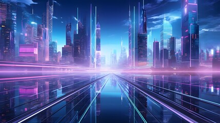 Futuristic city panorama at night with neon lights. 3d rendering