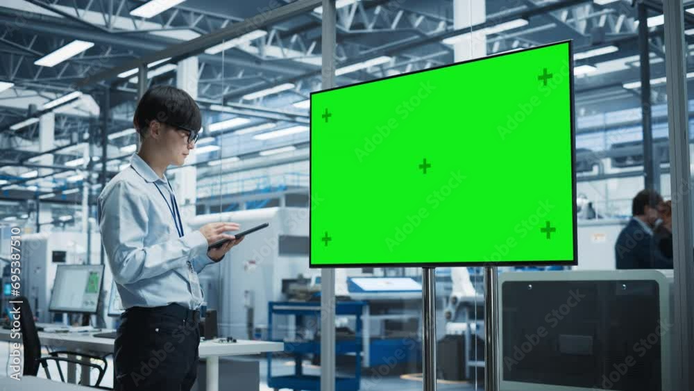 Aufkleber Asian Male Chief Engineer Using Tablet And Looking At TV With Green Screen Chromakey On Display At Automated Electronics Factory With Robotic Arms. Man Overlooking Assembly Of Modern Devices In Office