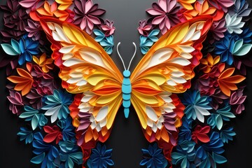  a colorful butterfly made out of paper on a black background, with a blue center in the middle of the wings and a blue center in the middle of the wings.