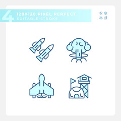 2D pixel perfect blue icons set representing weapons, editable thin line illustration.