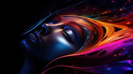 A woman's face is painted with colorful swirls and her hair flows, AI © starush