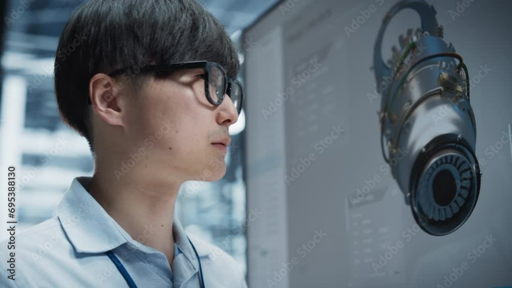 Poster close up of asian male engineer using tablet in front of tv with powerful jet engine blueprint. smar