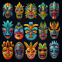 Naklejka premium Cultural Fusion: Tribal Mask with African, Aztec, and Hawaiian Ritual Influences