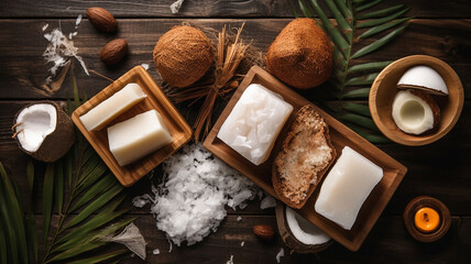 Coconut oil in a wooden bowl and coconut pieces soap on a wooden background top view. spa concept