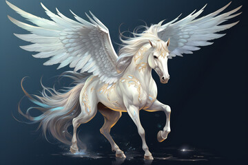 Flying horse with wings white pegasus,ai generated - obrazy, fototapety, plakaty