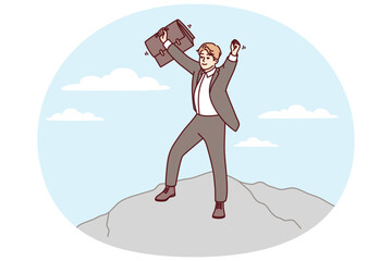 Confident man in business clothes is standing on mountain raising hands up joy of career success and getting new position. Young businessman owner of own company among clouds. Flat vector design