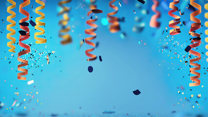Um fundo azul com confete e serpentina caindo. Fundo carnavalesco.  - obrazy, fototapety, plakaty