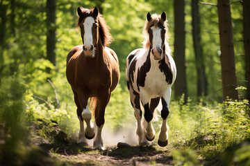 A pair of horses are walking in the forest,ai generated - obrazy, fototapety, plakaty