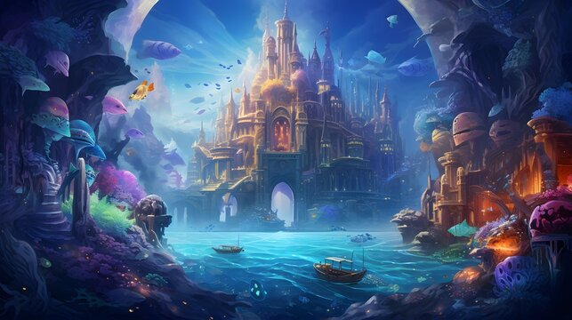 Cartoon Fantasy Fantasy Landscape with Fairy Tale Castle - Illustration