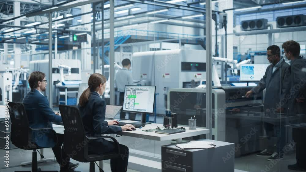 Poster Automated Electronics Factory With Robotic Arms: Diverse Specialists Working On Production Line Of Circuit Boards For Modern High-Tech Devices. Engineers, Assembly Line Workers, Managers Working.