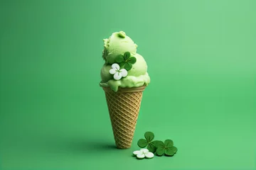 Foto auf Alu-Dibond green ice cream in a cone with shamrock leaves on a green background for st patricks day © World of AI