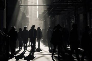  a black and white photo of a group of people walking down a street in the shadows of the sun shining down on the people in the shadows of the shadows. - Powered by Adobe