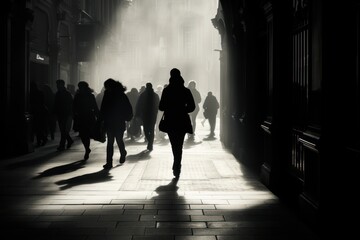  a black and white photo of a woman walking down a street with a lot of people on either side of...