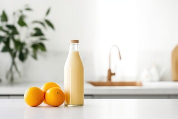  a bottle of orange juice next to three oranges on a white countertop in a white kitchen with a plant in the background and a sink in the background.