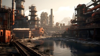Panoramic view of a large metallurgical plant in the middle of a river