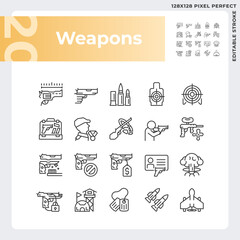 Pixel perfect simple black thin line icons set representing weapons, editable linear illustration.