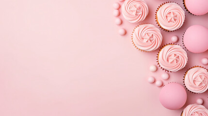 Top view of cupcakes with pink buttercream frosting - obrazy, fototapety, plakaty
