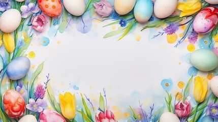 Naklejka na ściany i meble Frame of watercolor painted eggs and feathers with a large