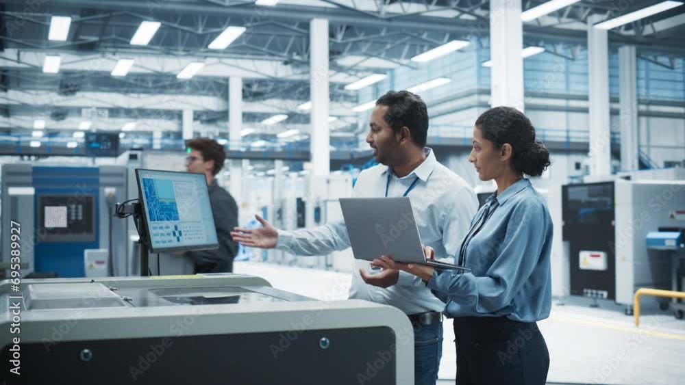 Poster indian male industrial engineer and hispanic female manager using laptop and talking at electronics 