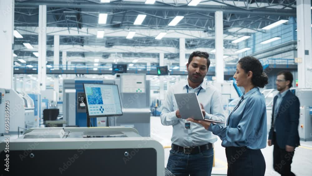 Poster indian male chief engineer and hispanic female supervisor using laptop and talking at electronics fa