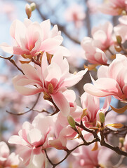 Spring's Blooming Magnolia Tree: Pink Blossoms in a Close Up with Floral Branches Against Blue Sky.