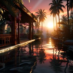 Palm trees reflected in a pool at sunset, 3d render
