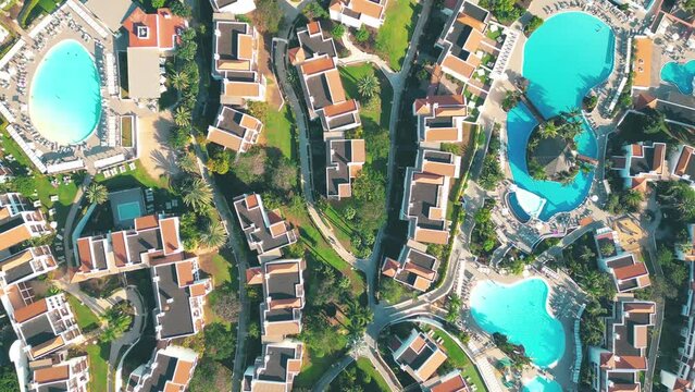 Aerial view of a luxury hotel along the coast Hotel Princess Fuerteventura, Canary Islands, Spain. Amazing Esquinzo beach in the background and Atlantic Ocean.