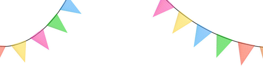 Birthday bunting garlands with flags made of shredded pieces of fabric. Decorative multicolored party pennants for festival, party celebration.